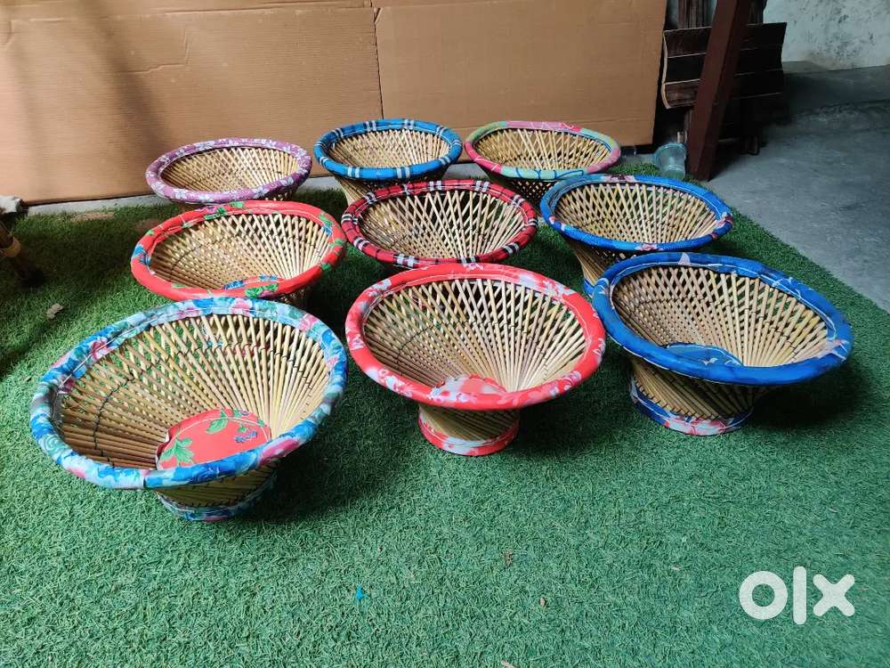 Mini basket handmade with bamboo stick for decor iron stool frame