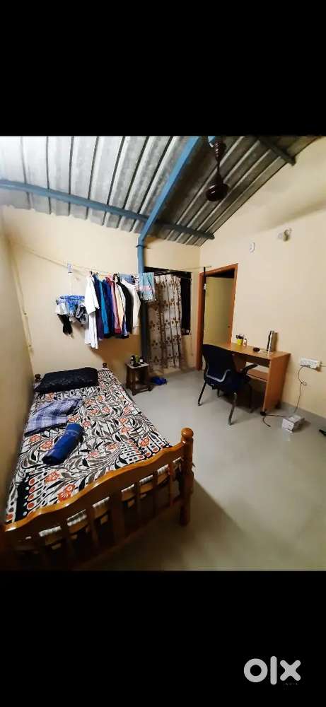 Singel wood cot with bed, metal godrej, small fridge