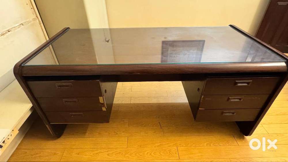 Wooden Study Table with Glass Top and 6 drawers