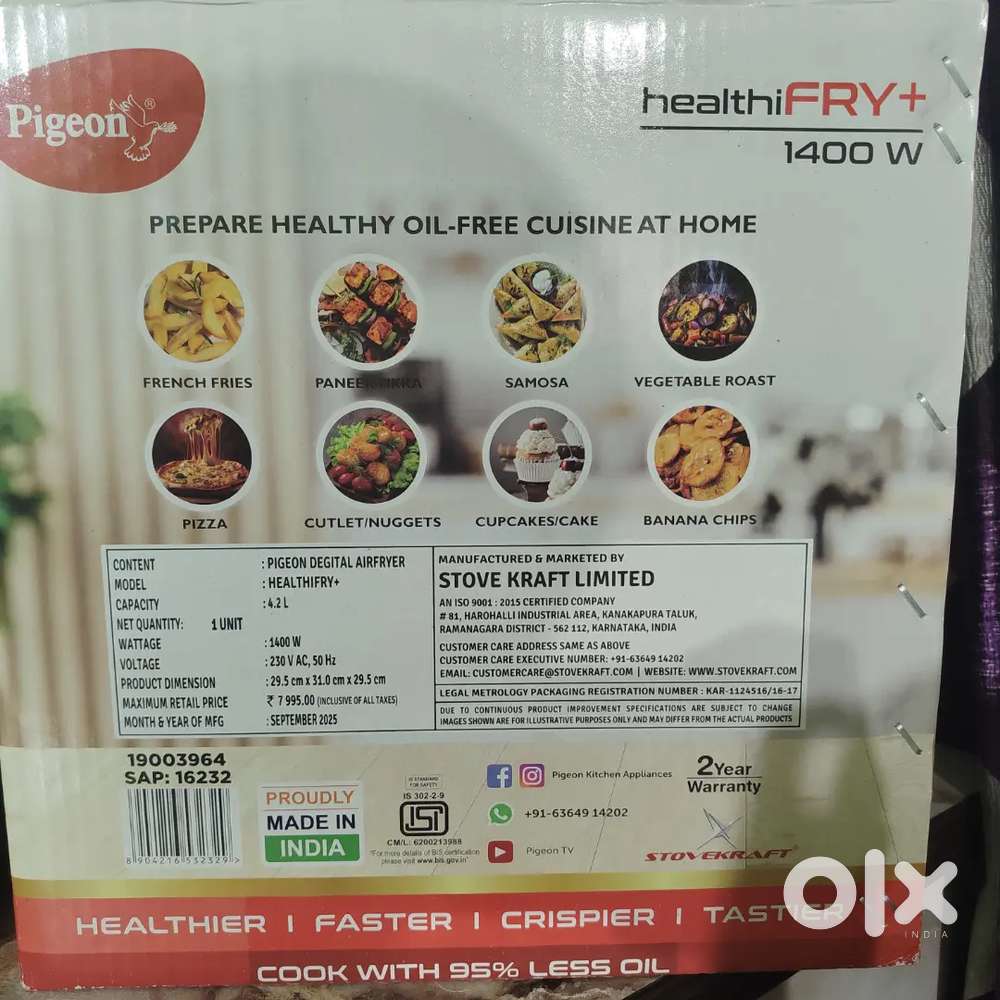 Pigeon Healthifry+ Digital Air Fryer 4.2 L 1400 W – Unused, Bengaluru.
