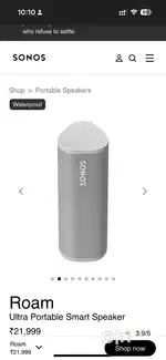 Sonos Roam Portable Wireless Bluetooth Speaker with Airplay 2 Support