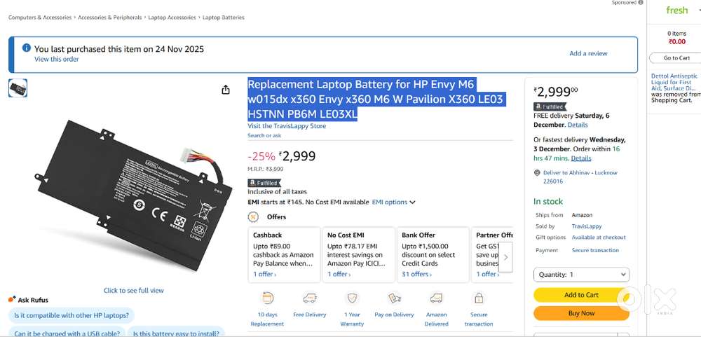 Replacement Laptop Battery for HP Envy M6 w015dx x360 Envy x360 M6 W P
