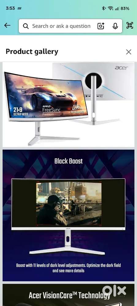 Acer XZ306CX 29.5 Inch (74.93 Cm)Ultrawide 21:9 1500R Curve 2560