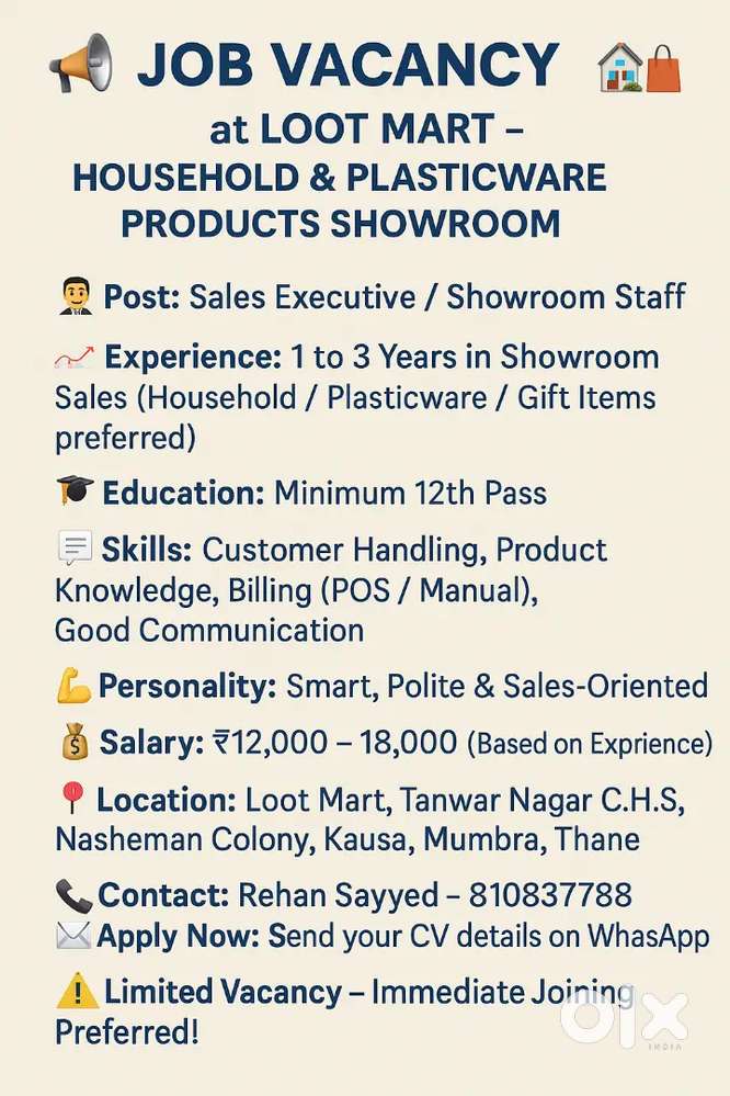 Skills: Customer Handling, Product Knowledge, Billing (POS / Manual),