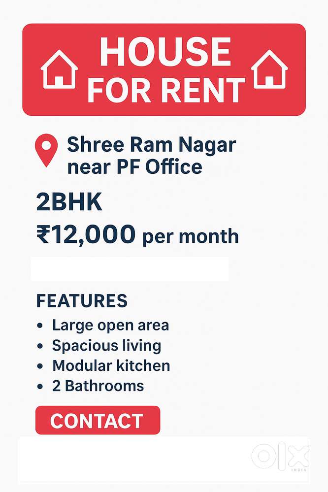 Spacious 2 BHK House for Rent in Shree Ram Nagar near pf office