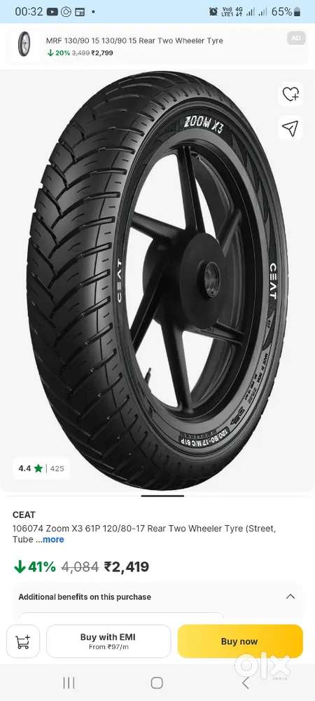 120/80 17 ceat tyre only 200kms run