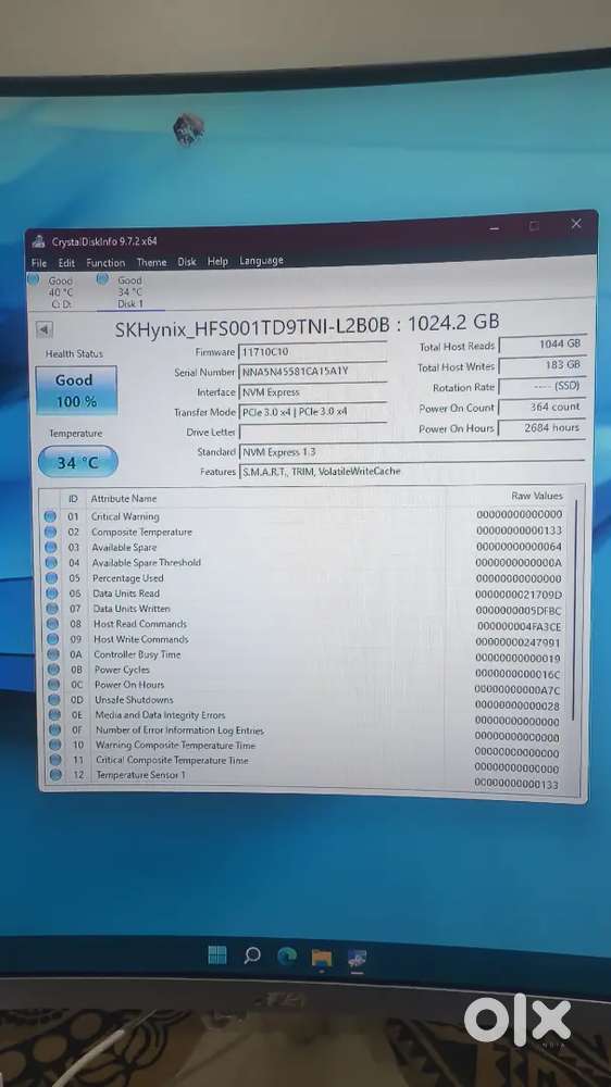 SK Hynix 1TB laptop NvMe PCIe SSD.