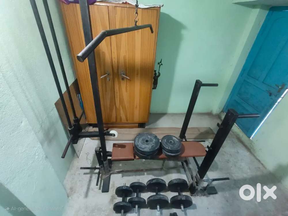Multipurpose gym bench very less used and all gym accessories