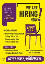 Kitchen master,Front office/Receptionist, Housekeeping male