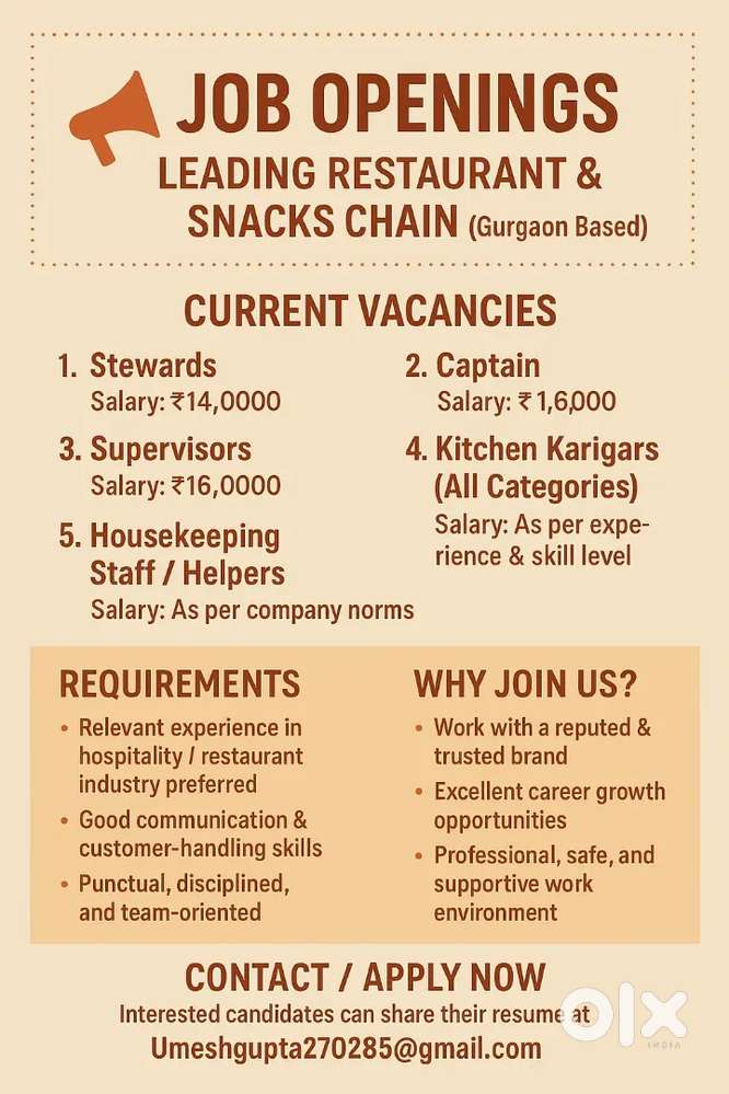 Jobs in leading restaurant and snacks chain