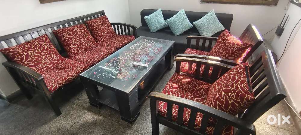 5 seater sofa set, 3 seater sofa cum bed and center table