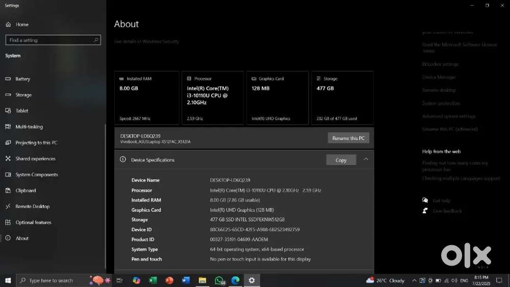 ASUS VivoBook 15.6  Core i3 10th Gen  8GB RAM  477GB SSD Backlit