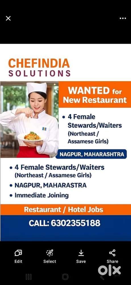 Wanted assami /Northeast  waitress/female stewards for new restaurant