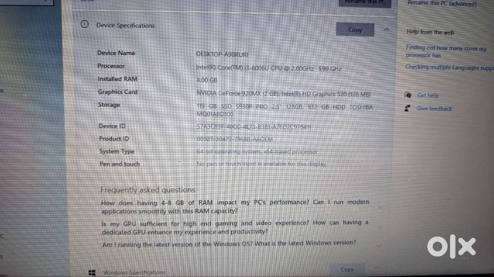 Lenovo 2017 Intel i3 4gb ram 1.03 TB storage SSD extra 256 gb