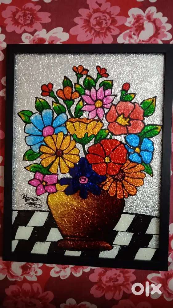 A glass painting of flower vase