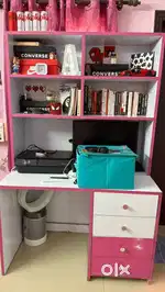 Study table with shelves and drawers, pink white