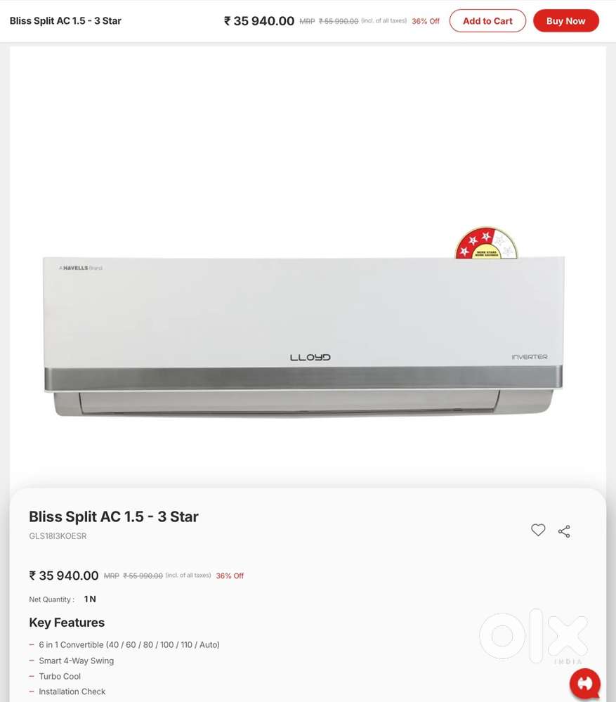 LLyod 1.5 ton 3 stat inverter