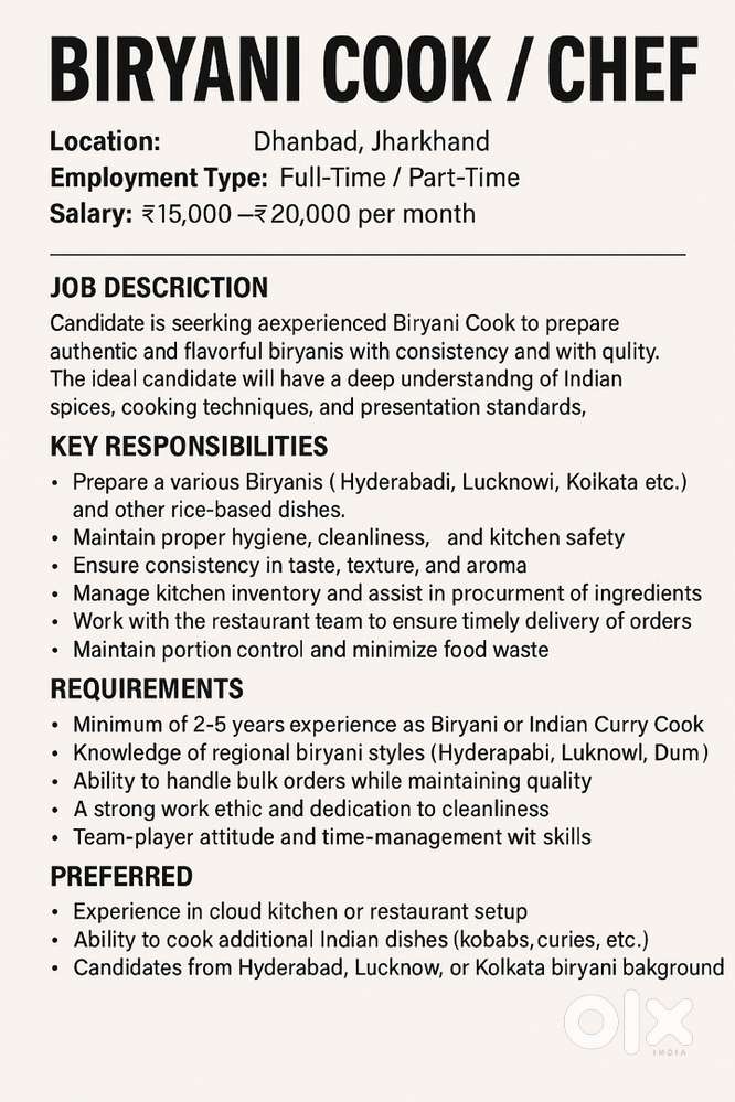 Biryani Cook / Chef