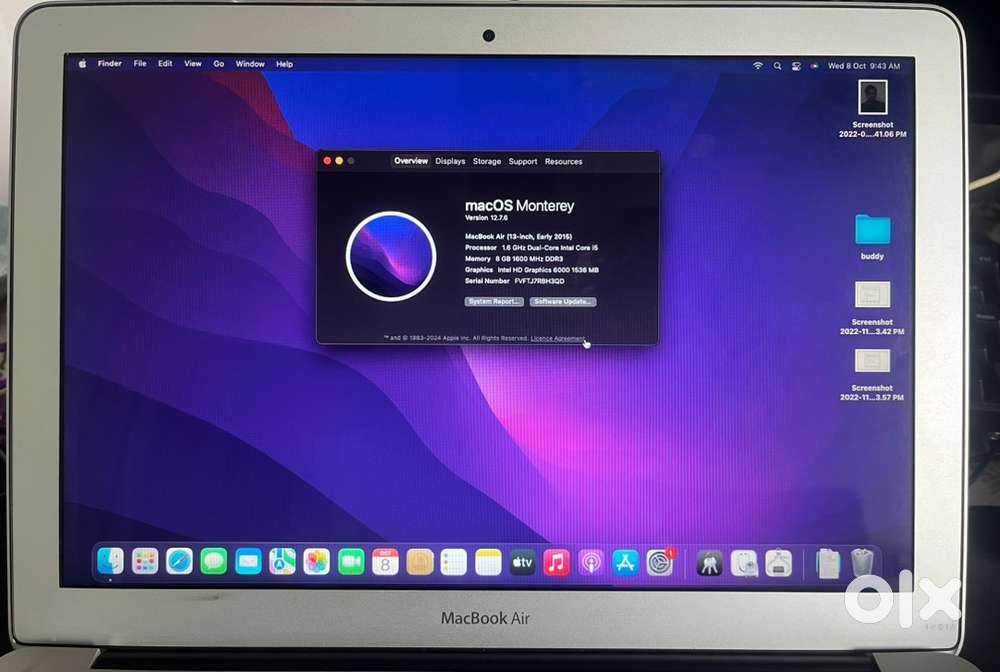 Macbook air 8 gm ,128 gb mint condition