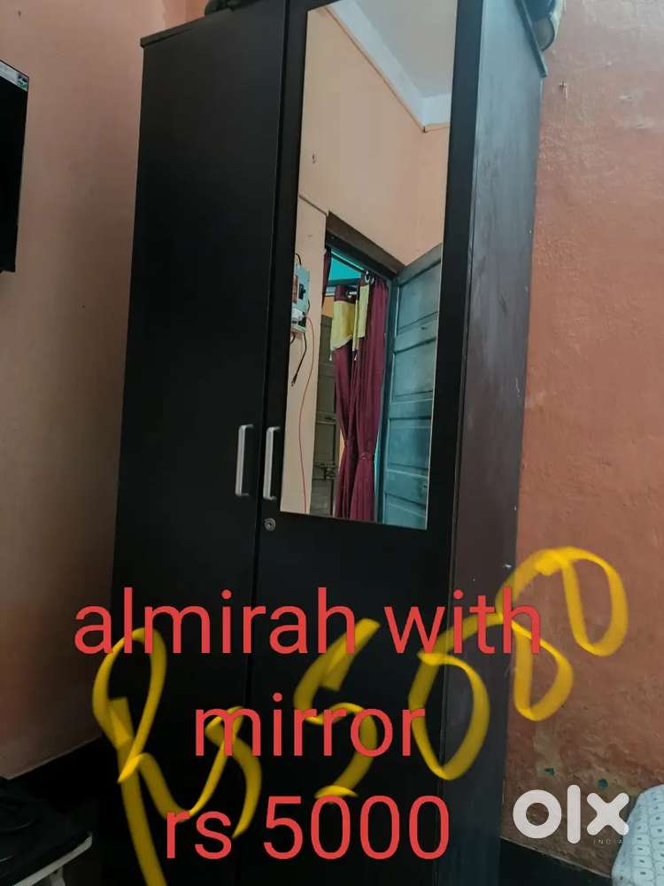 Bed with mattress+ almirah with mirror+ 2 chairs