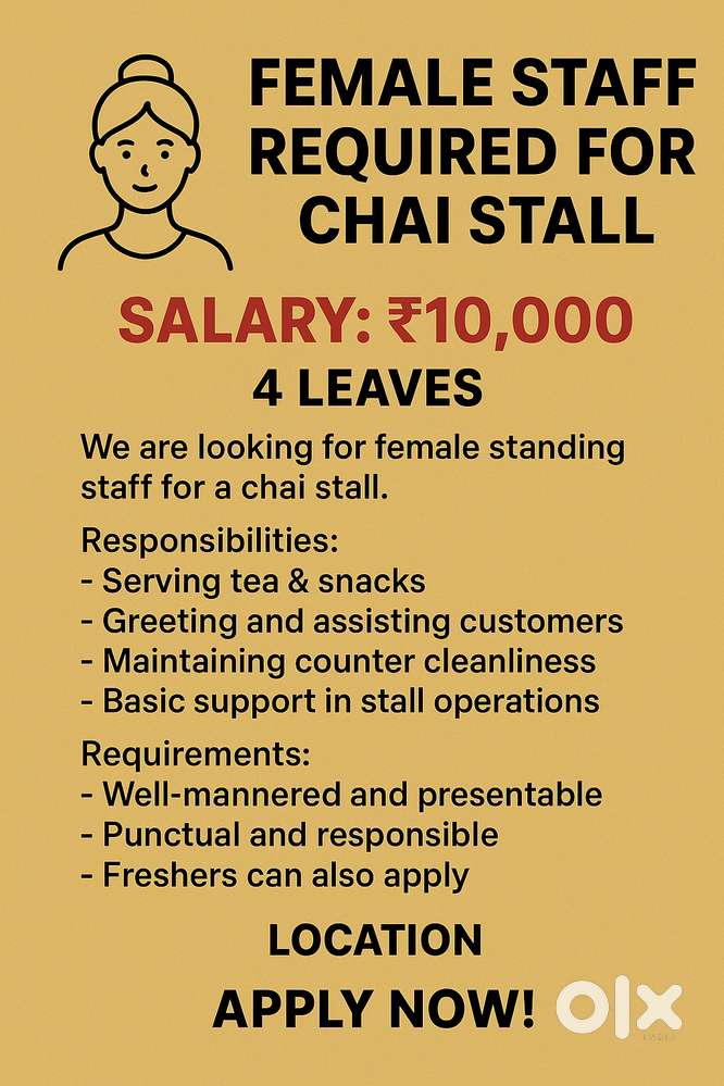 Female Staff Required for Chai Stall