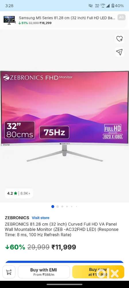 ZEBRONICS 81.28 cm (32 inch) Curved Full HD VA Panel Wall Mountabl