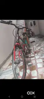 Red bicycle with some red on tiers which do pretty aaura farming