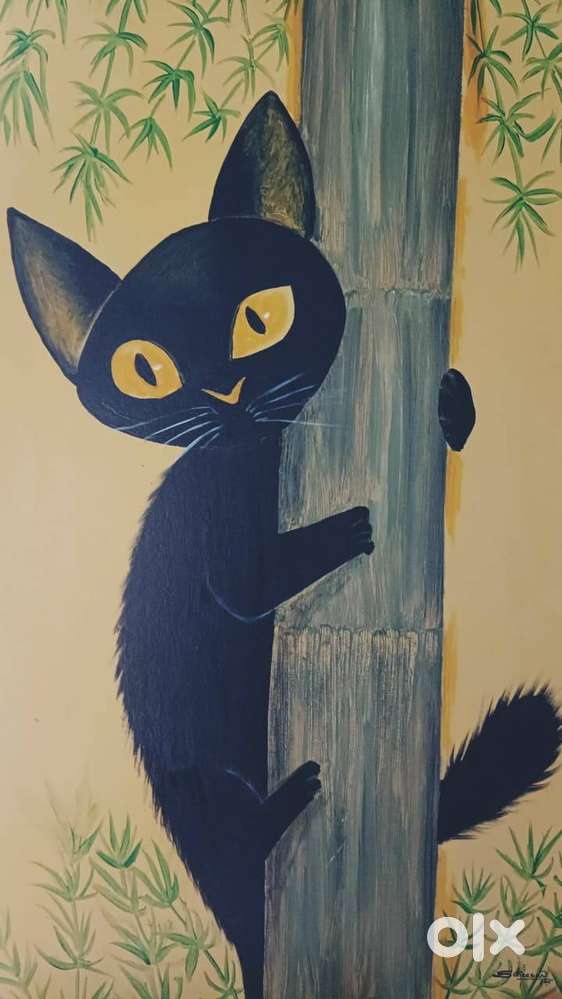 This is a painting of a cat stuck on a tree looking at the camera.