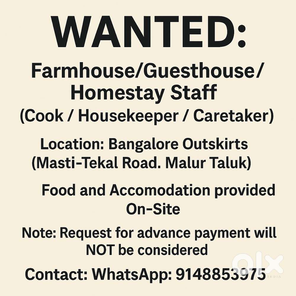 Required Farmhouse Staff: Cook cum Housekeeping & Helper