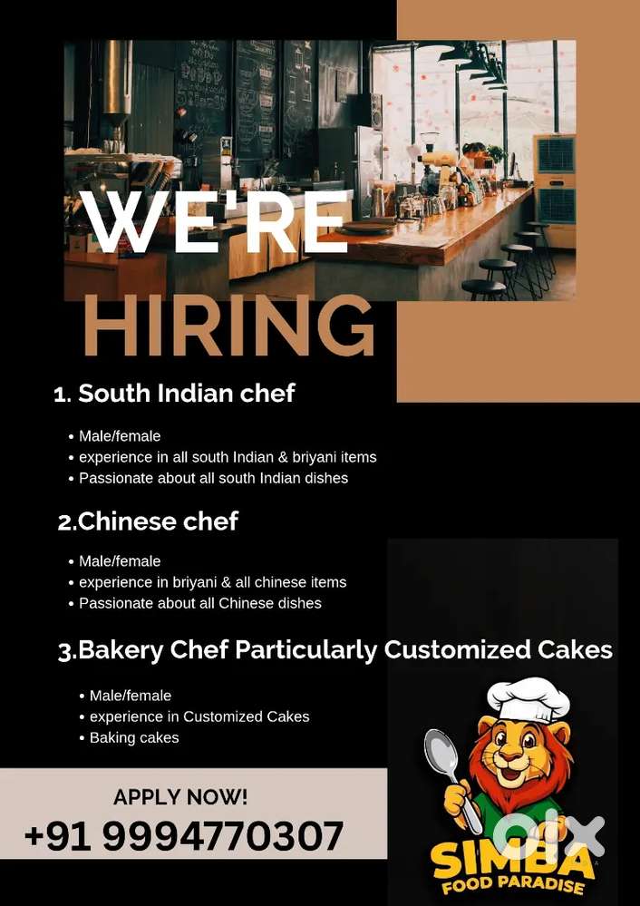 Simba Food paradise wanted Chef