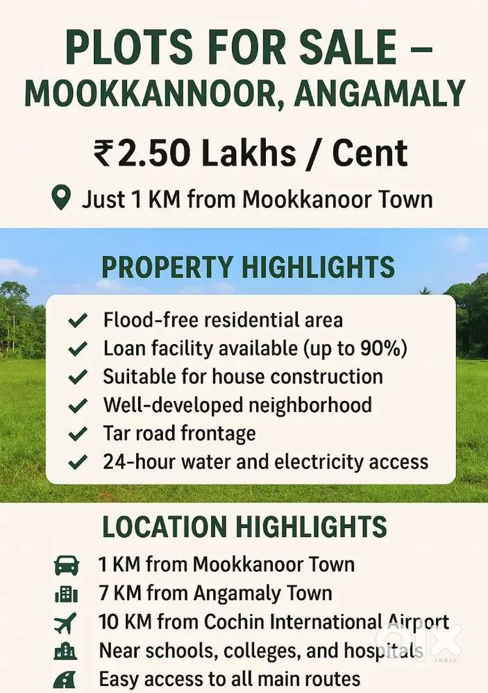 RESIDENTIAL PLOTS FOR SALE NEAR ANGAMALY MOOKKANNOOR 4CENT ONWARDS