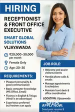 Receptionist & Front Office Executive – Female- Vijayawada | ₹20K–30K