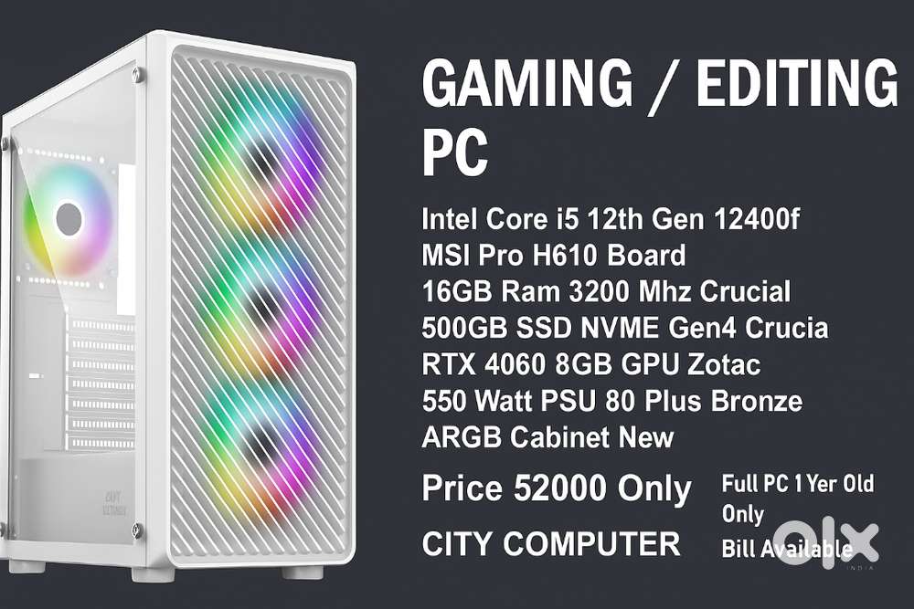 Gaming Editing PC i5 12th Gen 16GB Ram 500GB SSD RTX 4060 GPU Zotac