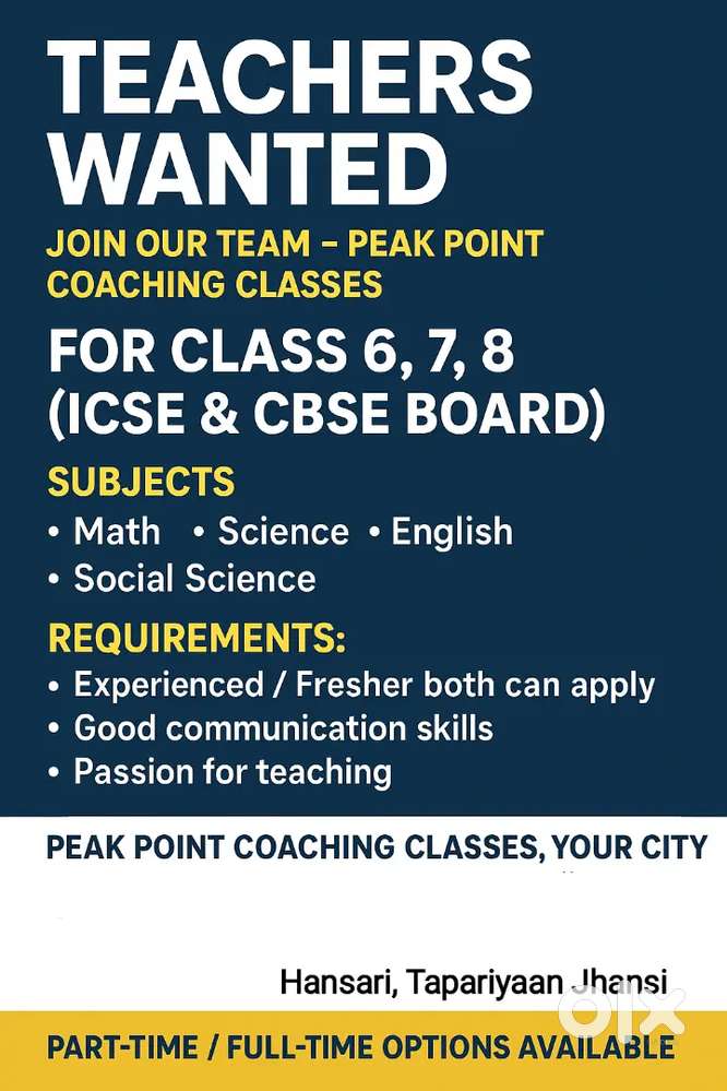 “Teachers Wanted for Class 6, 7, 8 (ICSE/CBSE)”