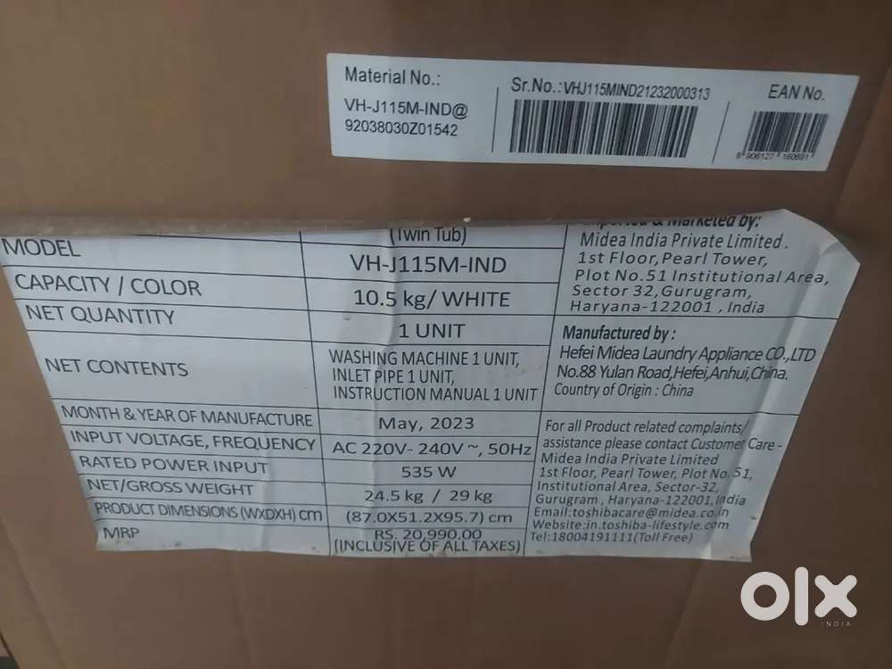 Toshiba Washing Machine 10.5 kg