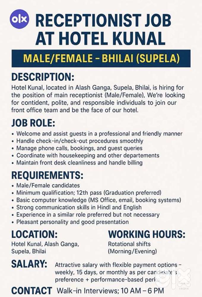 Receptionist Job at Hotel Kunal - Male/Female - Bhilai (Supela)