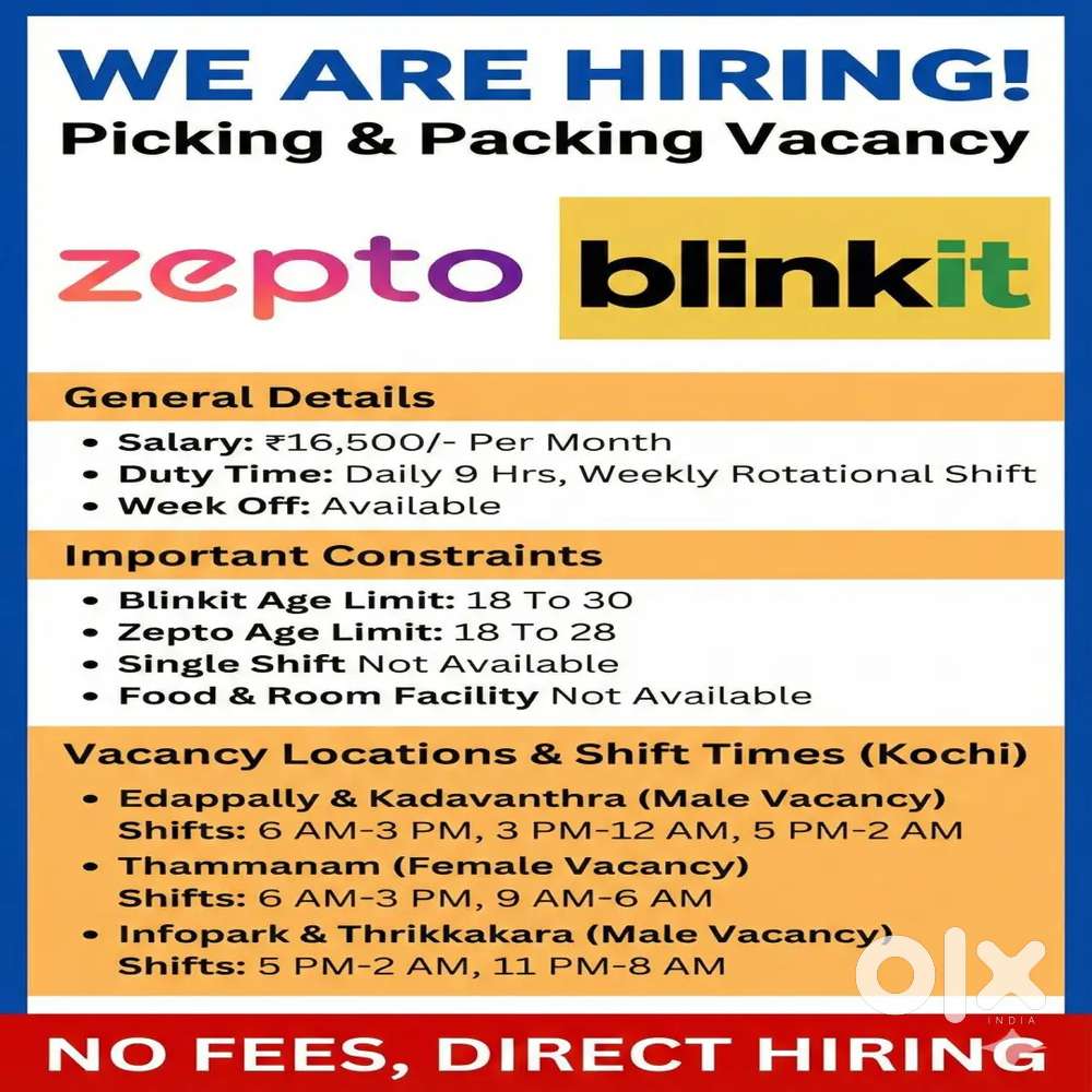 Infopark zepto male Packing Picking vacancy