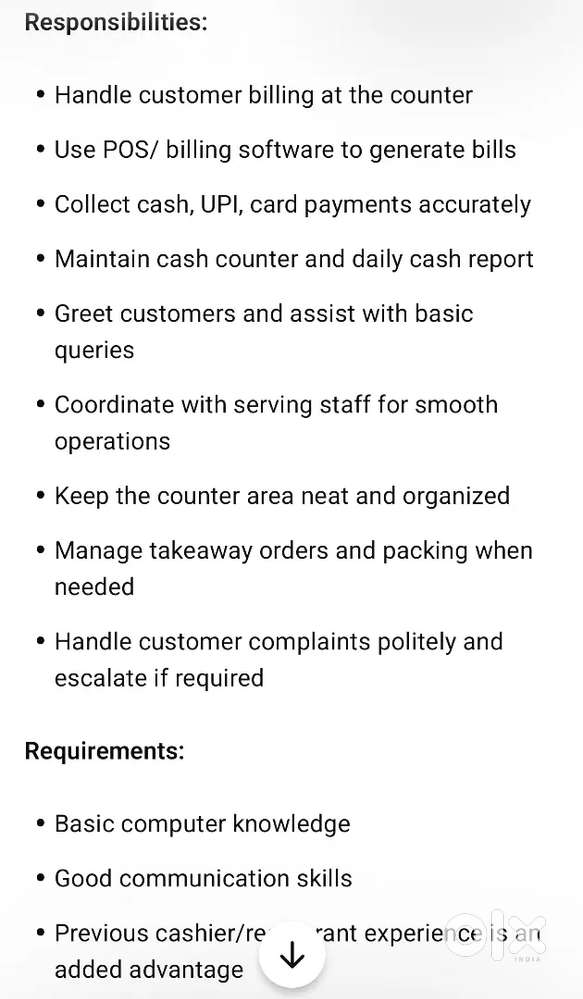 Looking for cashier in restaurant bn reddy