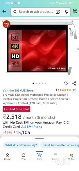 BigVue projector screen 120inch motorised, wall/ceiling mountable, NEW