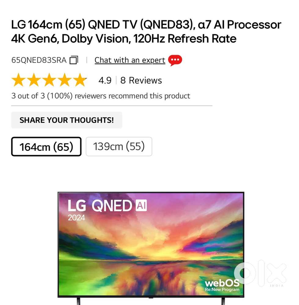 LG QNED83 series 65 inch 2 months old brand new used