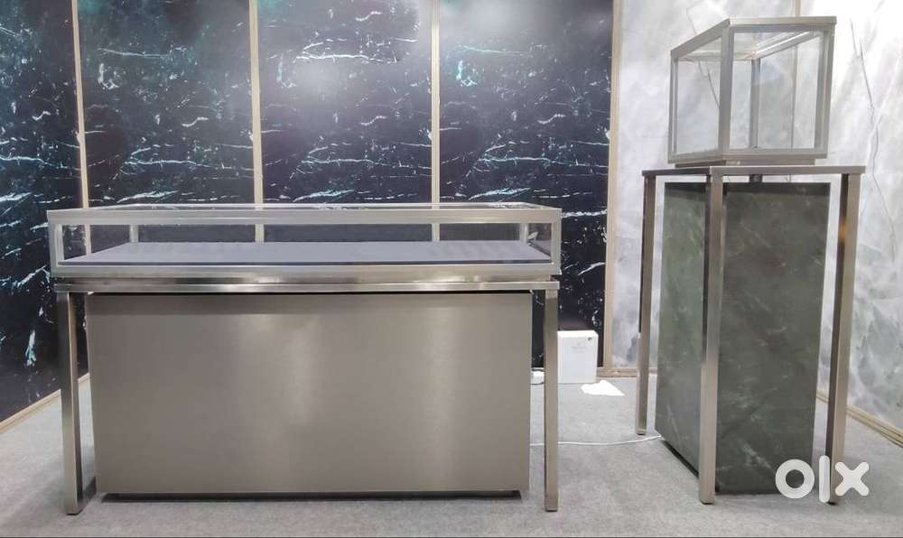 1 Large Glass Display Counter with stainless-steel frame and storage b