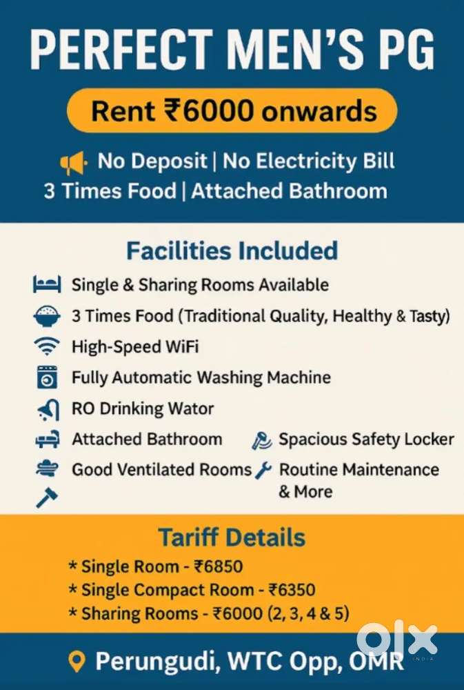 Single & Sharing Rooms - Food including - Perungudi