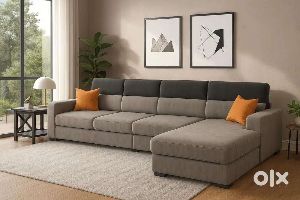 Dark& grey colour fabric l shape sofa set in emi available Aliyar