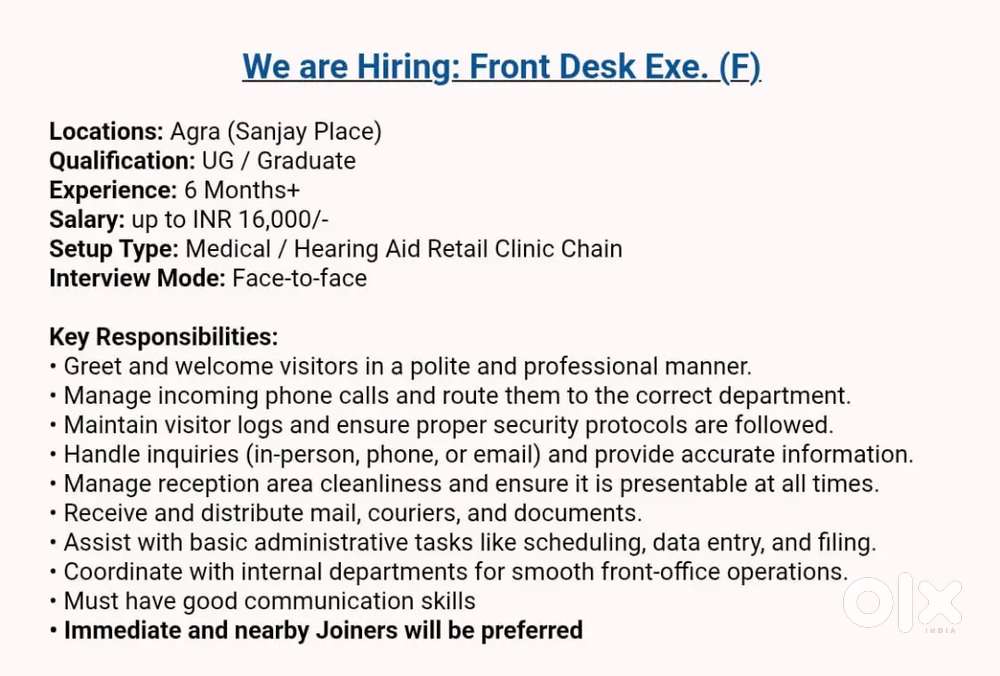 Front Desk Coordinator required for Clinic