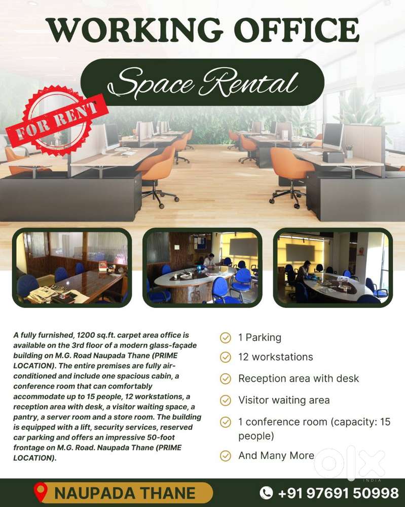 A fully furnished, 1200 sq.ft. carpet area office is available