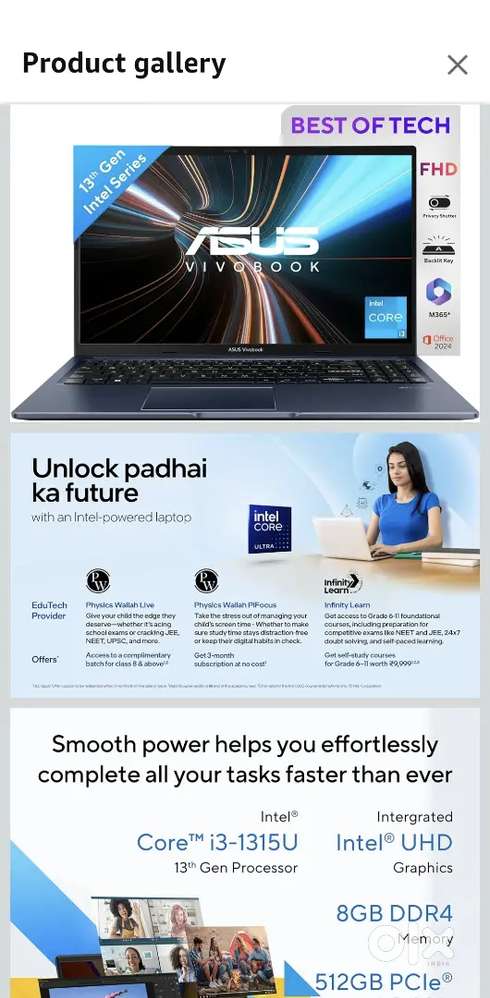 ASUS Vivobook 15, Intel Core i3 13th Gen 1315U, 8GB RAM, 512GB SSD