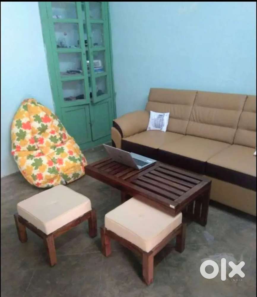 Kurlon Sofa( 3 seater), center table with 2 seats and 1 bean bag