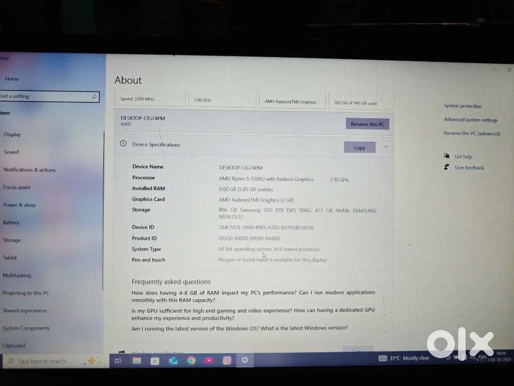 Lenovo v15 8 gb ram 500 gb SSD .. Amd Ryzen 5000 series .