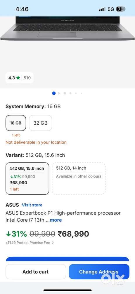 Asus expertbook p1 i7th 13th generation 16gb ram /512gb storage