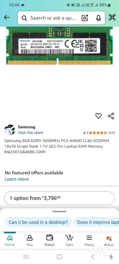 Samsung 8GB DDR5 5600MHz PC5-44800 CL46 SODIMM